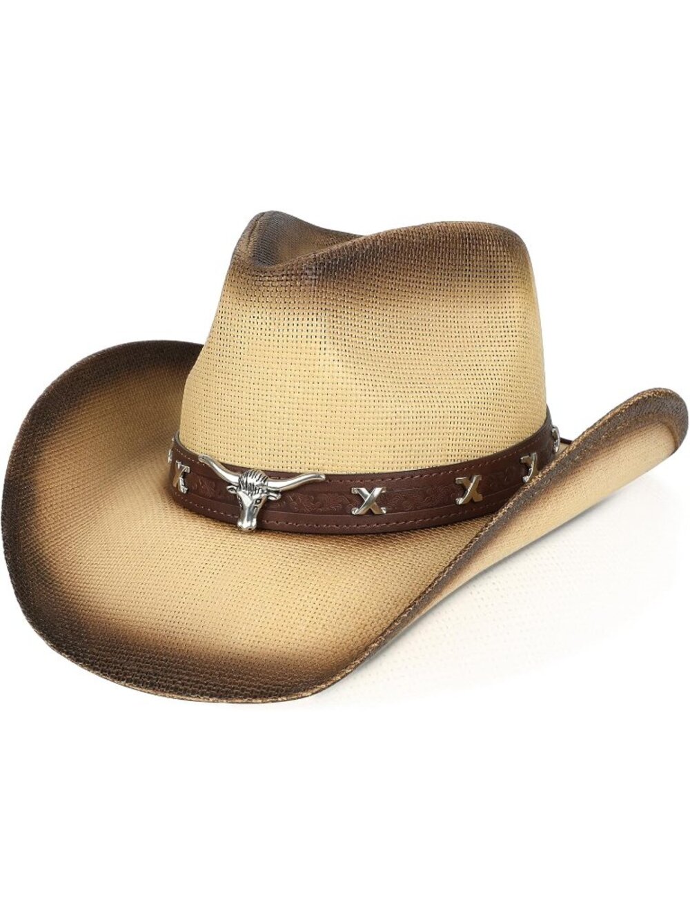 Men's Beige&Coffee Elastic Closure Straw Wide Shapeable Brim Cowboy Western Hat